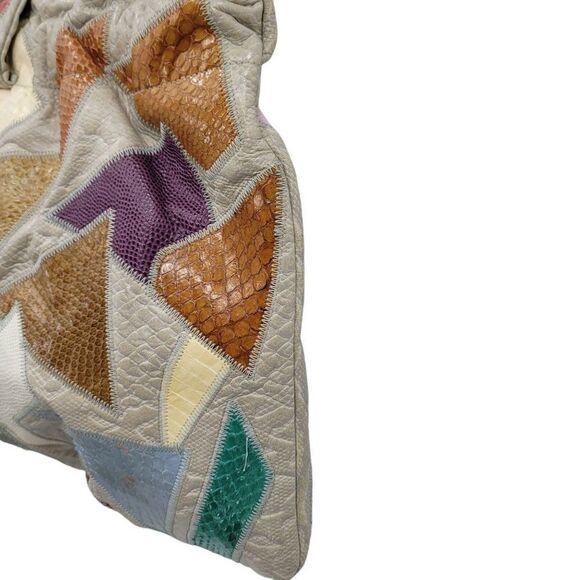 Vtg 80's Caprice Shoulder Bag Leather Boho Funky Patchwork Multicolor Large Gray - Picture 9 of 16
